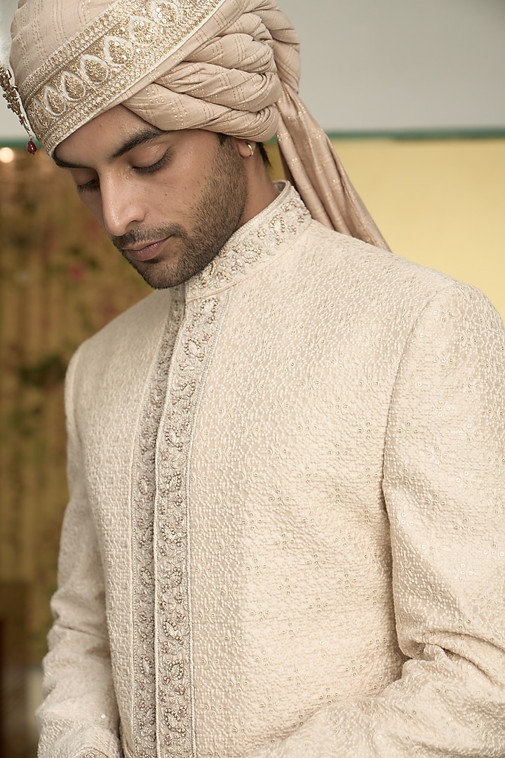 Light Peach Poly Silk Embroidered Wedding Sherwani Set by Gargee Designers at Pernia's Pop Up Shop