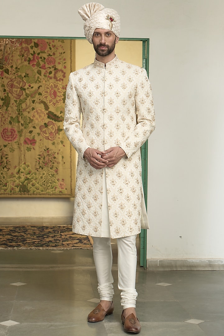 Ivory Line Flex Dori Hand Embroidered Sherwani Set by Gargee Designers