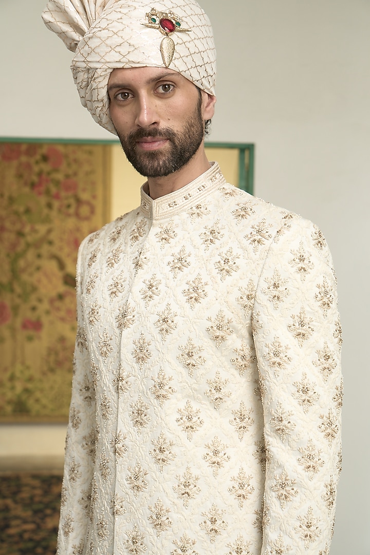 Ivory Line Flex Dori Hand Embroidered Groom Sherwani Set by Gargee Designers at Pernia's Pop Up Shop
