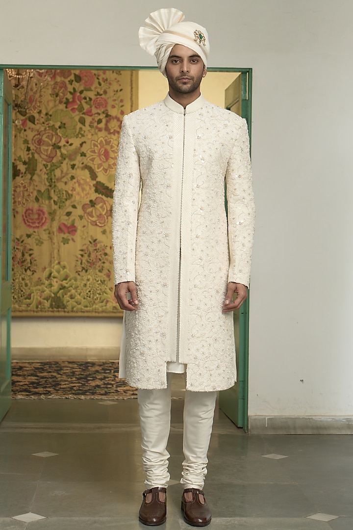 Pearl White Poly Silk Dori Hand Embroidered Sherwani Set by Gargee Designers