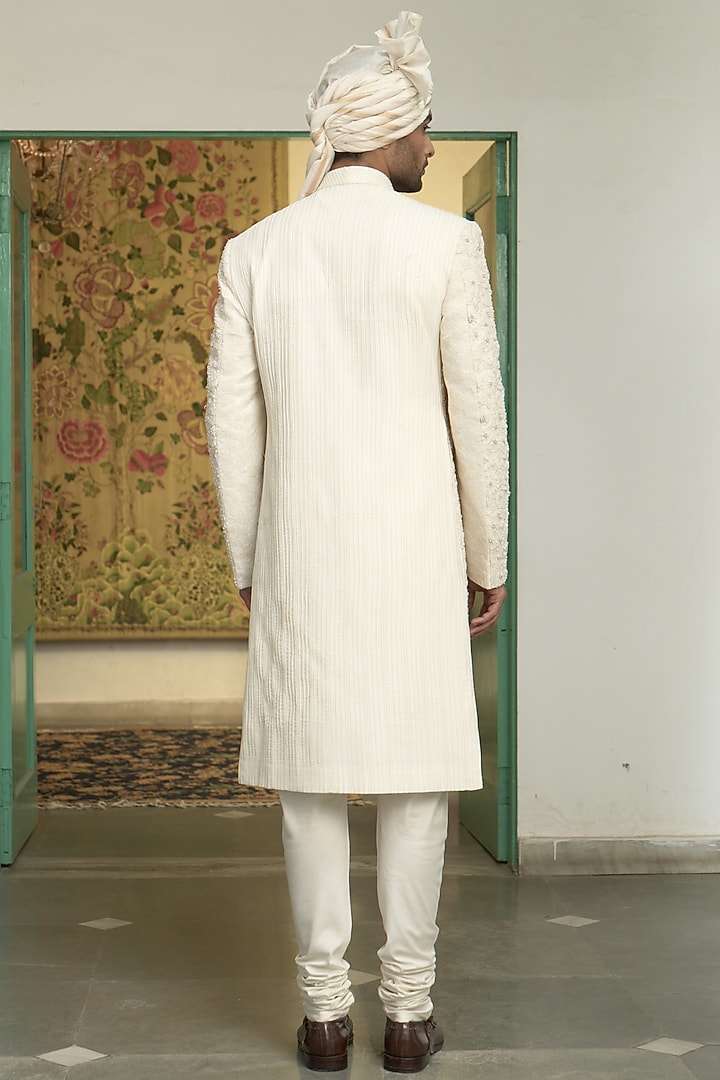 Pearl White Poly Silk Dori Hand Embroidered Groom Sherwani Set by Gargee Designers at Pernia's Pop Up Shop
