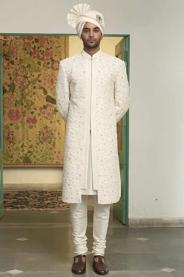 Pearl White Poly Silk Dori Hand Embroidered Groom Sherwani Set by Gargee Designers at Pernia's Pop Up Shop