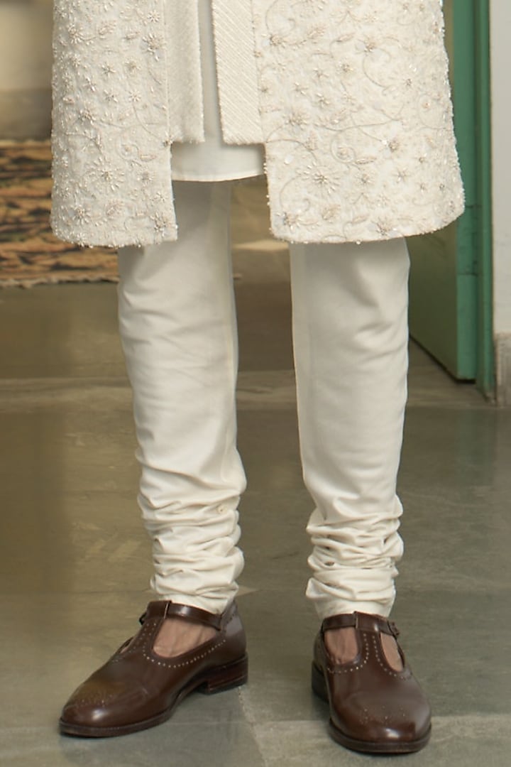 Pearl White Poly Silk Dori Hand Embroidered Groom Sherwani Set by Gargee Designers at Pernia's Pop Up Shop