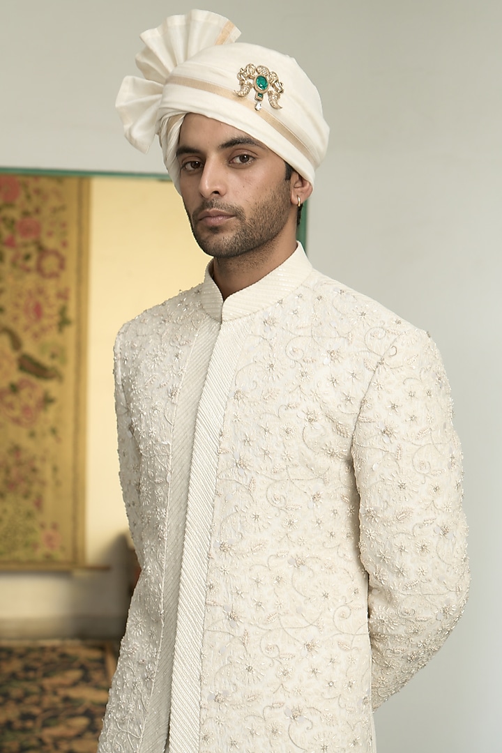 Pearl White Poly Silk Dori Hand Embroidered Groom Sherwani Set by Gargee Designers at Pernia's Pop Up Shop
