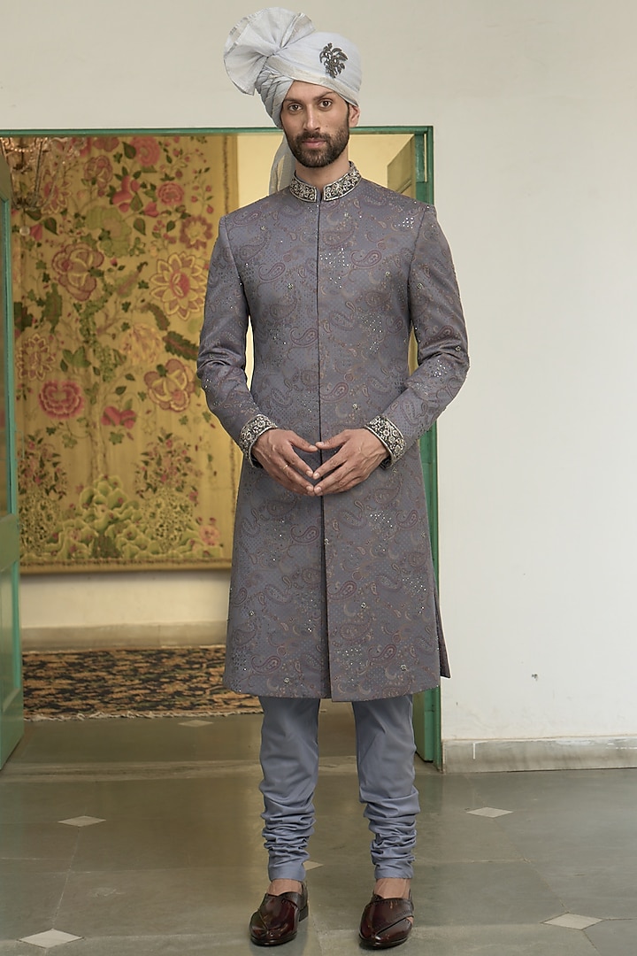 Pigeon Blue Poly Wool Jacquard Hand Embroidered Sherwani Set by Gargee Designers