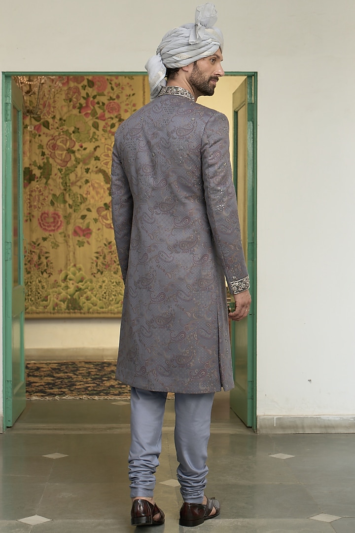 Pigeon Blue Poly Wool Jacquard Hand Embroidered Wedding Sherwani Set by Gargee Designers at Pernia's Pop Up Shop