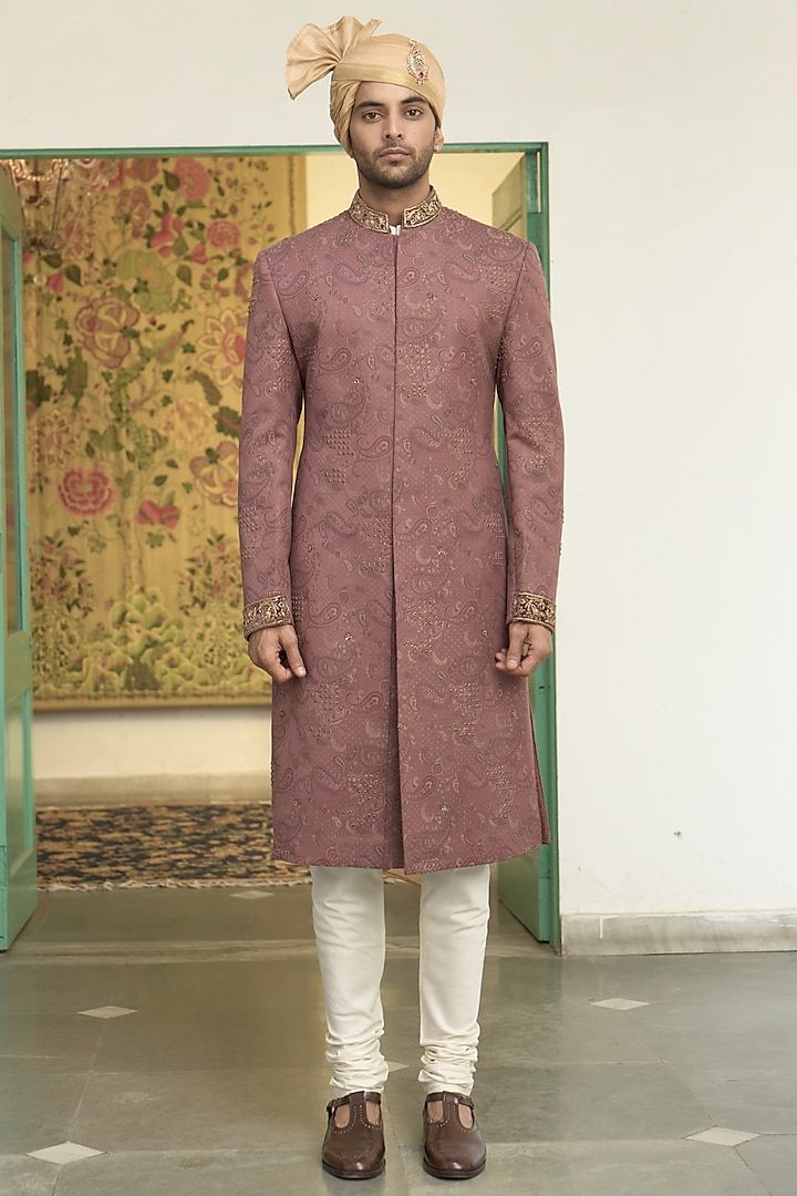 Blush Pink Poly Wool Jacquard Hand Embroidered Sherwani Set by Gargee Designers