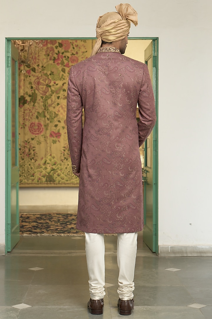 Blush Pink Poly Wool Jacquard Hand Embroidered Wedding Sherwani Set by Gargee Designers at Pernia's Pop Up Shop