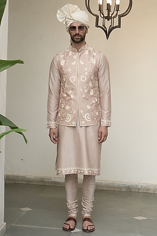 Apricot Poly Silk & Cotton Silk Kashmiri Embroidered Bundi Jacket Set by Gargee Designers