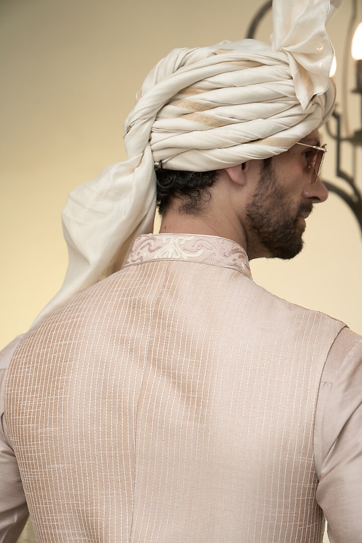 Apricot Poly Silk & Cotton Silk Kashmiri Embroidered Bundi Jacket Set by Gargee Designers at Pernia's Pop Up Shop