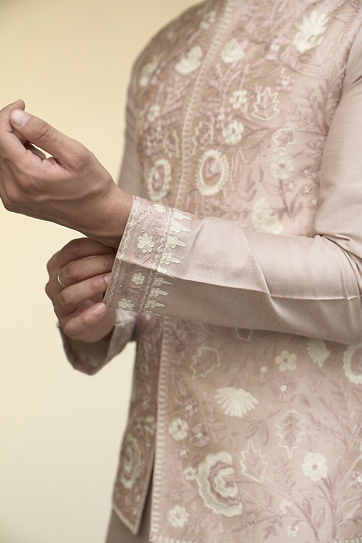 Apricot Poly Silk & Cotton Silk Kashmiri Embroidered Bundi Jacket Set by Gargee Designers at Pernia's Pop Up Shop