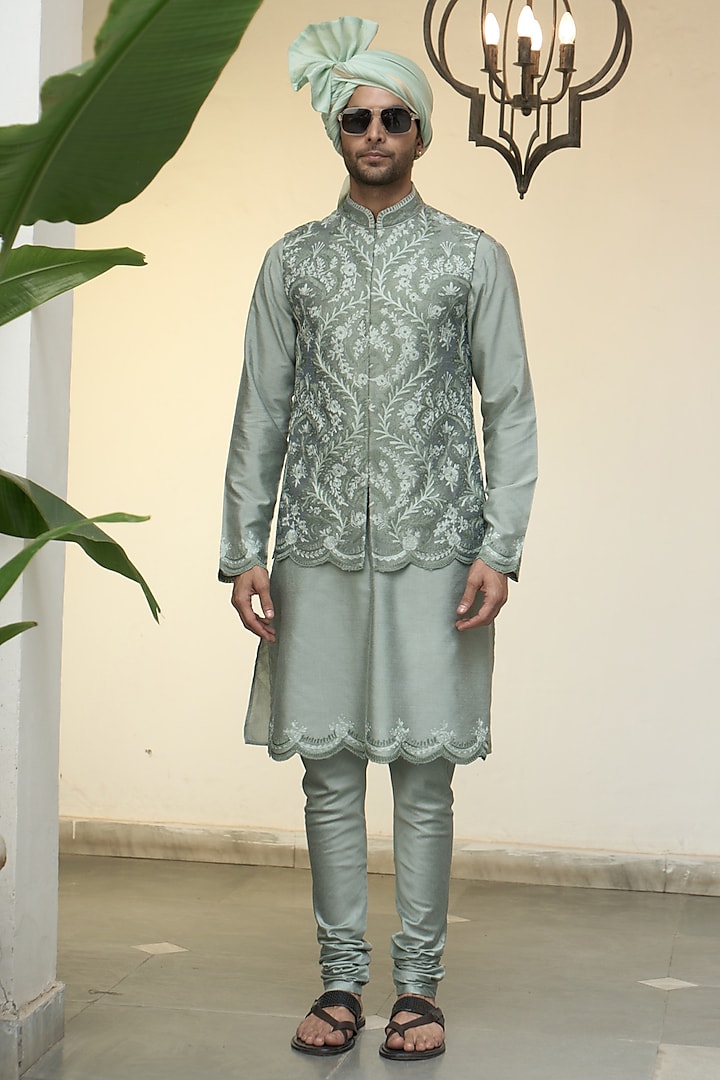 Pistachio Poly Silk & Cotton Silk Kashmiri Embroidered Bundi Jacket Set by Gargee Designers