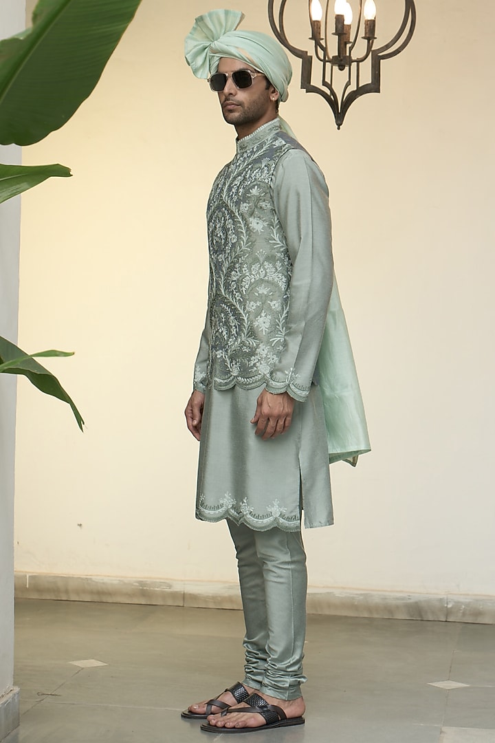 Pistachio Poly Silk Kashmiri Embroidered Bundi Jacket Set by Gargee Designers at Pernia's Pop Up Shop
