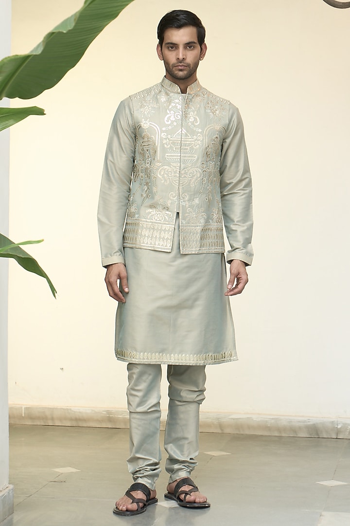 Mint Cotton Silk Applique Work Bundi Jacket Set by Gargee Designers