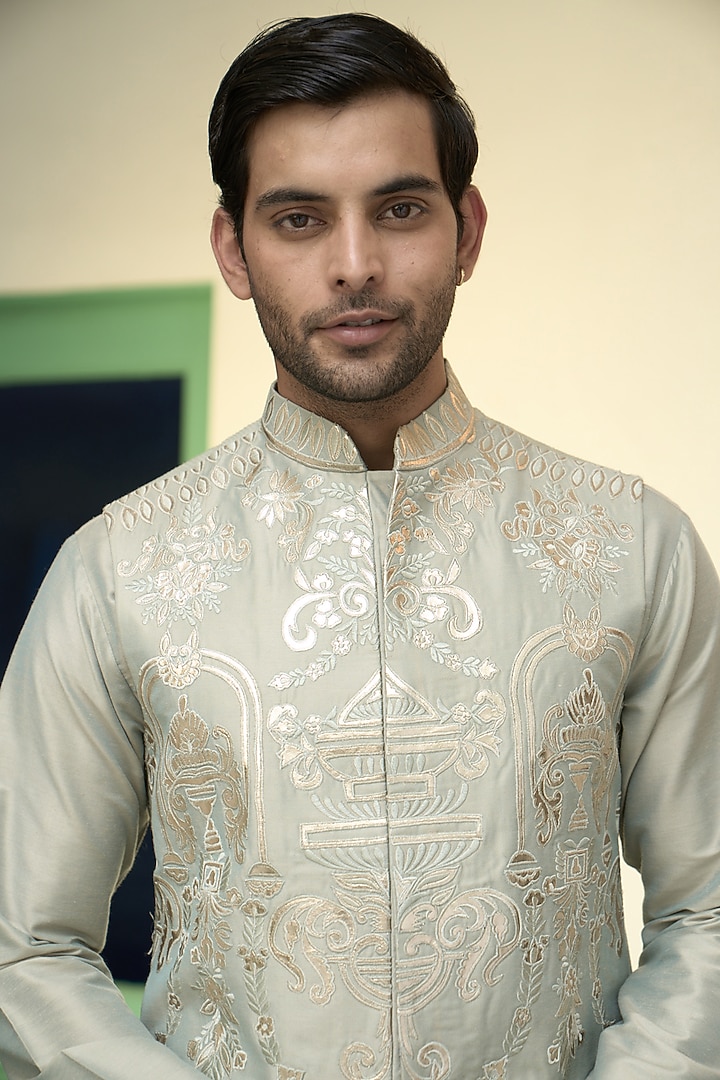 Mint Cotton Silk Applique Work Bundi Jacket Set by Gargee Designers at Pernia's Pop Up Shop