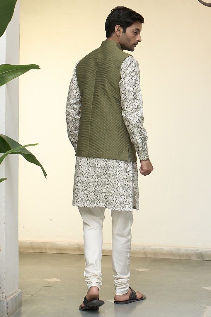 Olive Green Cotton Silk Quilted Bundi Jacket Set by Gargee Designers at Pernia's Pop Up Shop