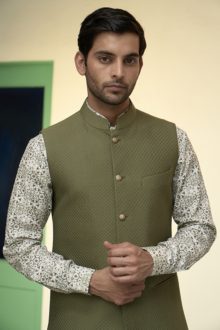 Olive Green Cotton Silk Quilted Bundi Jacket Set by Gargee Designers at Pernia's Pop Up Shop