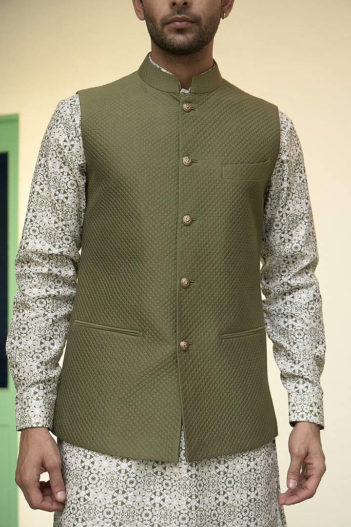 Olive Green Cotton Silk Quilted Bundi Jacket Set by Gargee Designers at Pernia's Pop Up Shop
