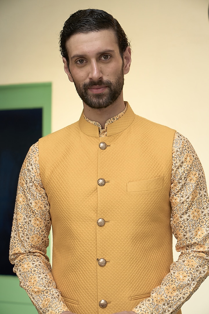 Mustard Cotton Silk Quilted Bundi Jacket Set by Gargee Designers at Pernia's Pop Up Shop