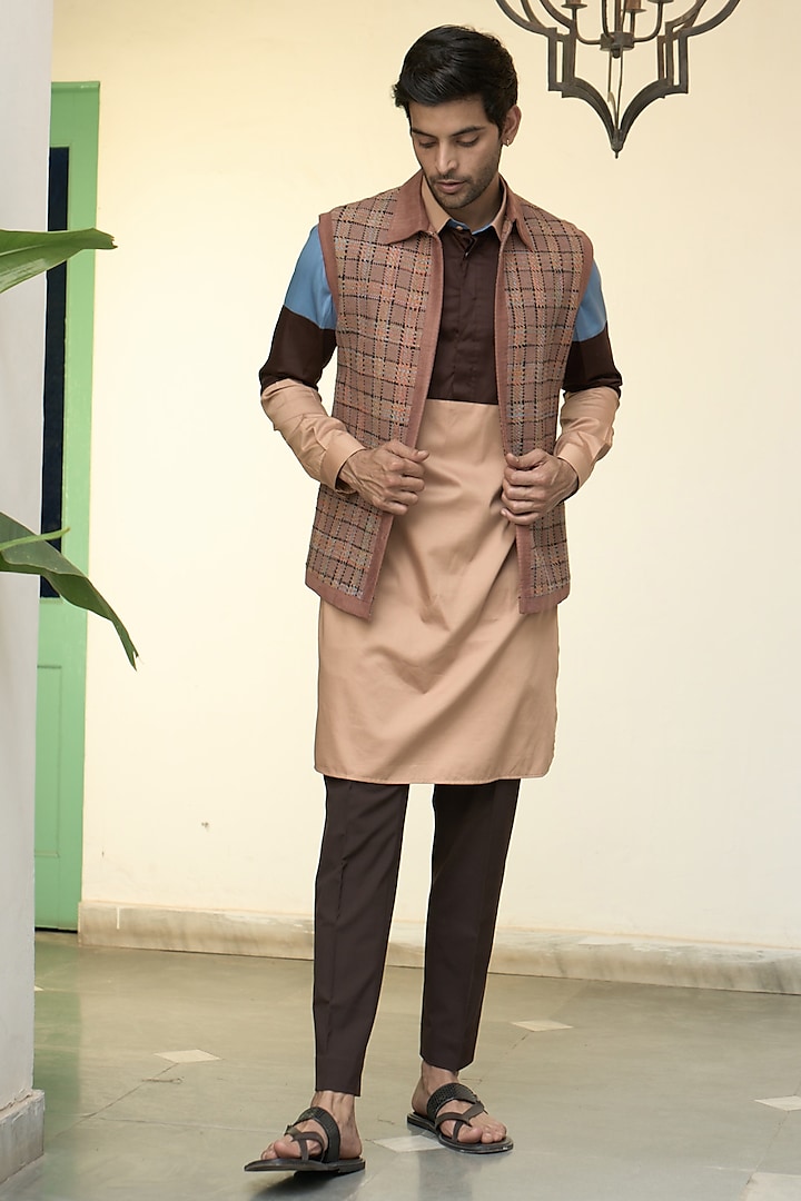 Brown Matka Silk & Cotton Satin Indowestern Set by Gargee Designers