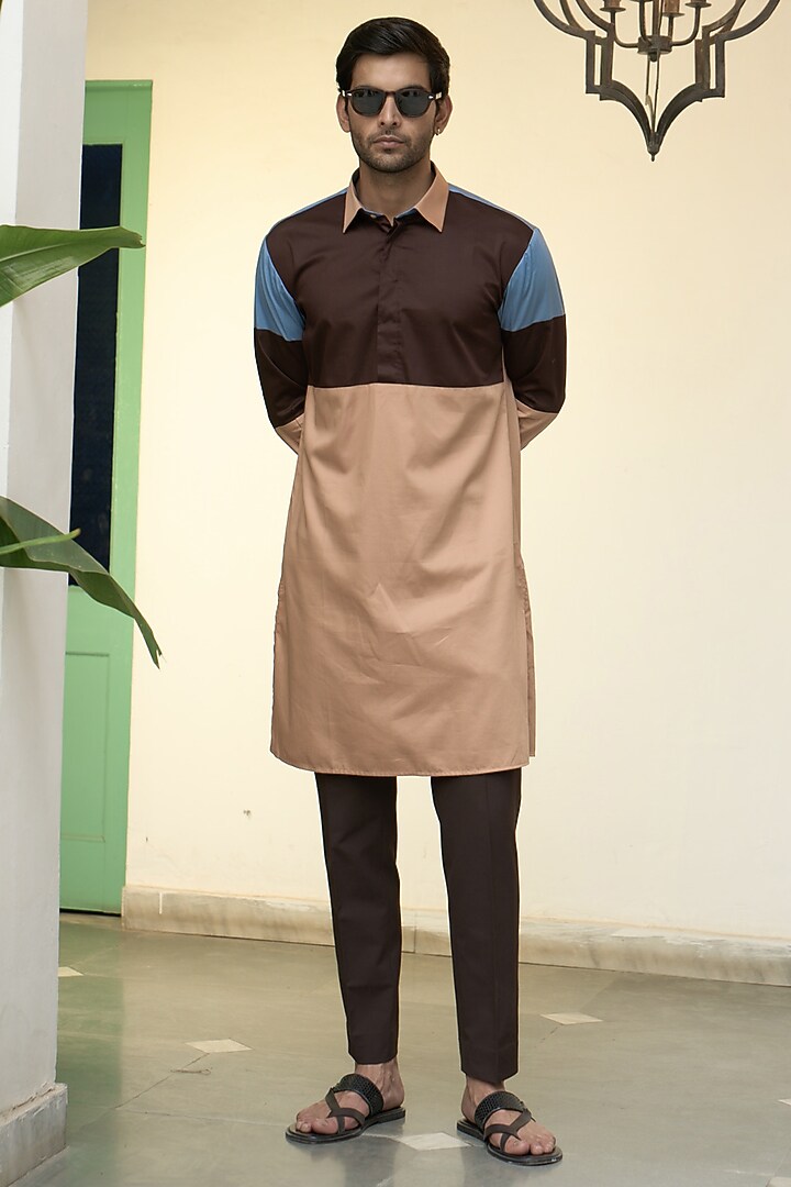 Brown Matka Silk & Cotton Satin Wedding Indowestern Set by Gargee Designers at Pernia's Pop Up Shop