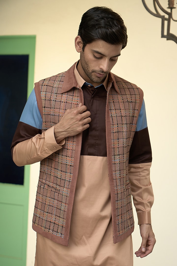 Brown Matka Silk & Cotton Satin Wedding Indowestern Set by Gargee Designers at Pernia's Pop Up Shop