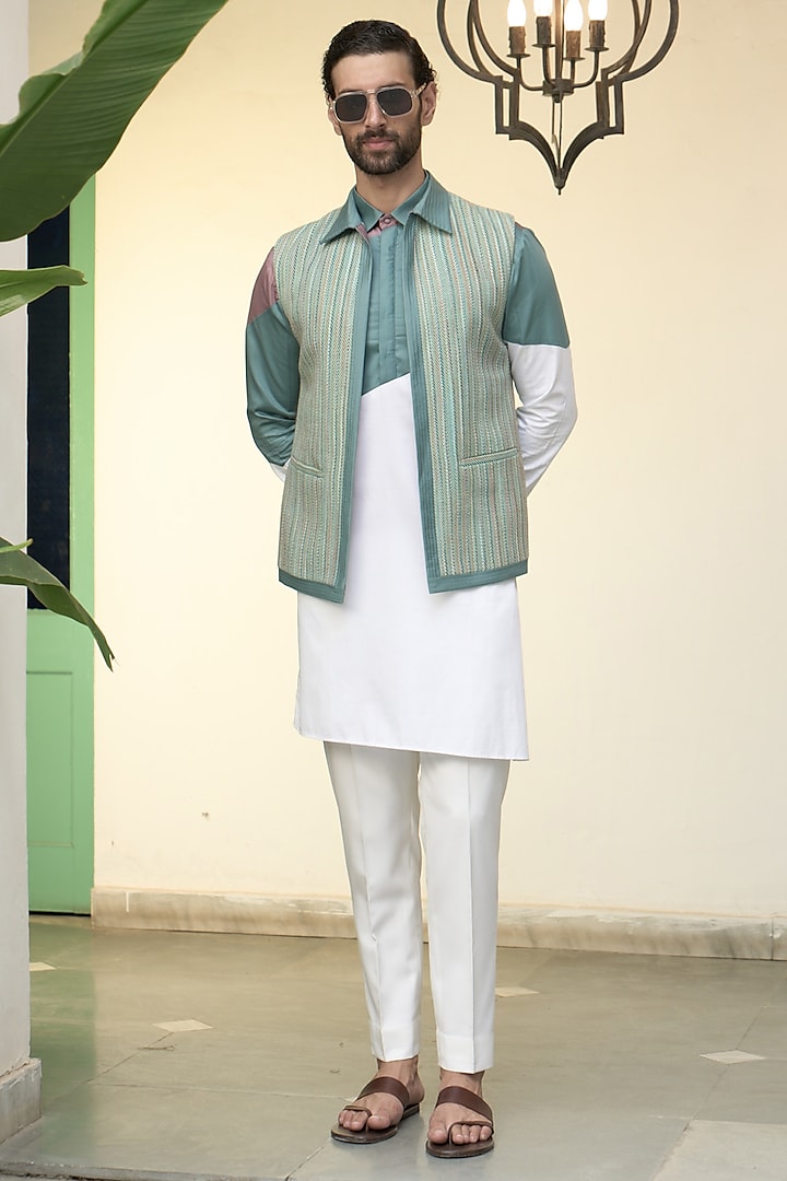 Blue Matka Silk & Cotton Satin Indowestern Set by Gargee Designers