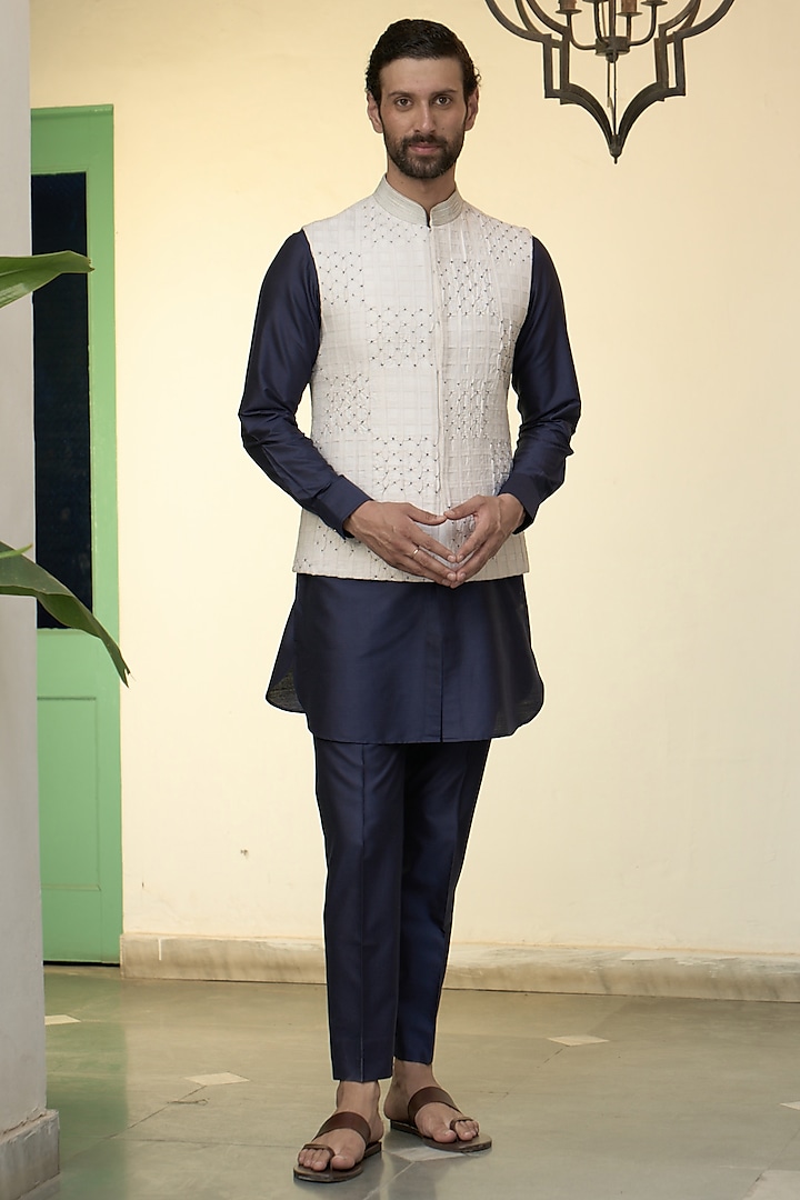 Ivory Cotton Silk Bundi Jacket Set by Gargee Designers