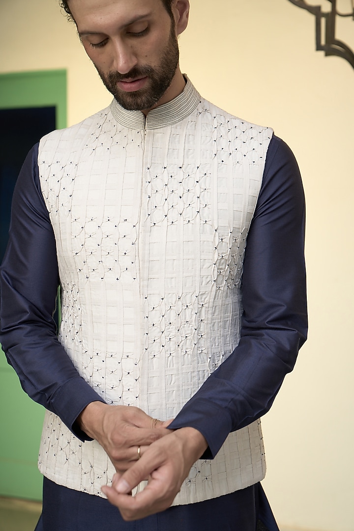 Ivory Cotton Silk Bundi Jacket Set by Gargee Designers at Pernia's Pop Up Shop