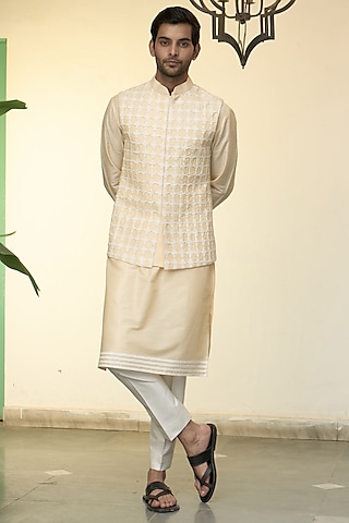 Beige Cotton Silk Bundi Jacket Set by Gargee Designers