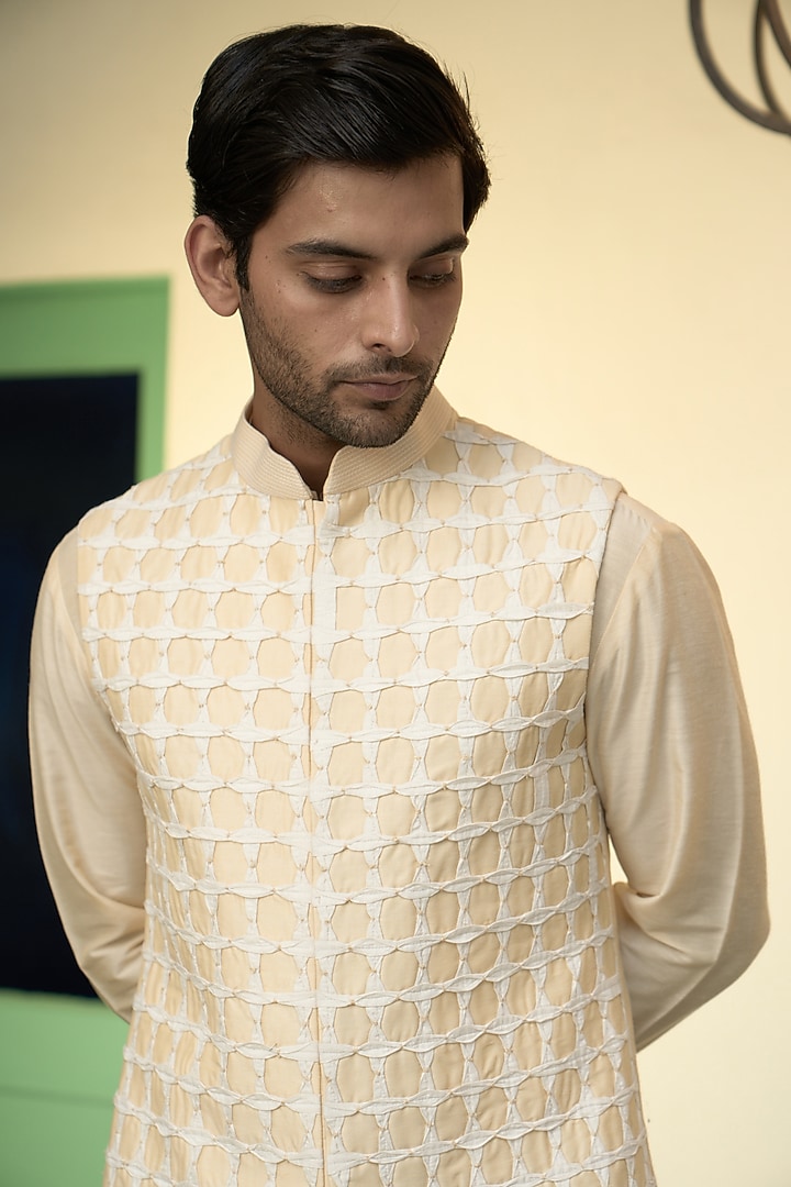 Beige Cotton Silk Bundi Jacket Set by Gargee Designers at Pernia's Pop Up Shop