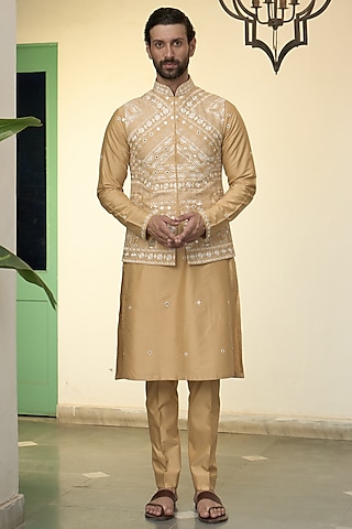 Mustard Cotton Silk Embroidered Bundi Jacket Set by Gargee Designers