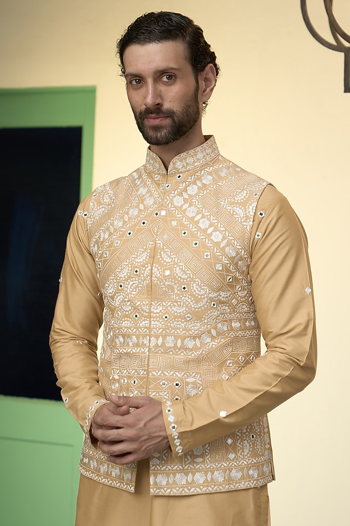Mustard Cotton Silk Embroidered Bundi Jacket Set by Gargee Designers at Pernia's Pop Up Shop