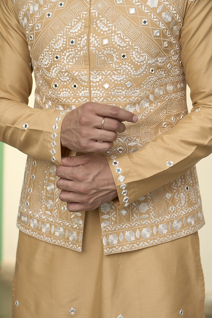 Mustard Cotton Silk Embroidered Bundi Jacket Set by Gargee Designers at Pernia's Pop Up Shop