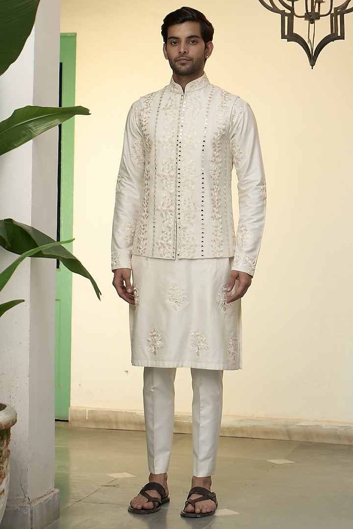 Ivory Cotton Silk Embroidered Bundi Jacket Set by Gargee Designers