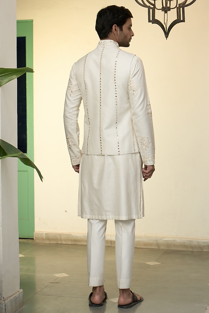 Ivory Cotton Silk Embroidered Bundi Jacket Set by Gargee Designers at Pernia's Pop Up Shop