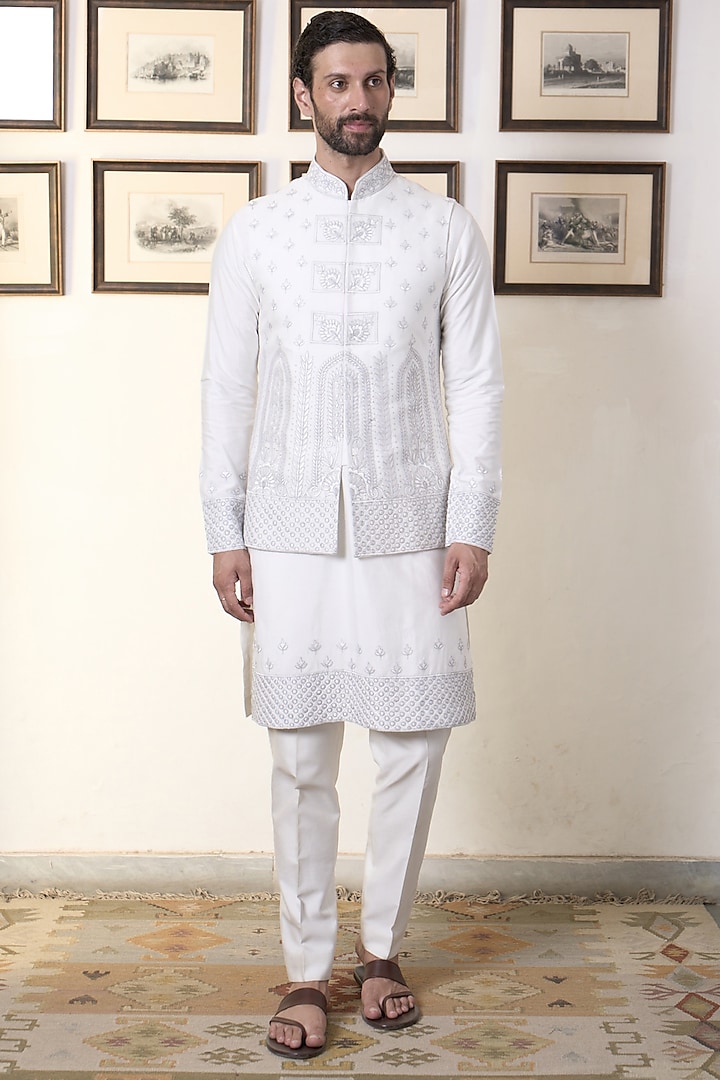 Pearl White Cotton Silk Embroidered Bundi Jacket Set by Gargee Designers
