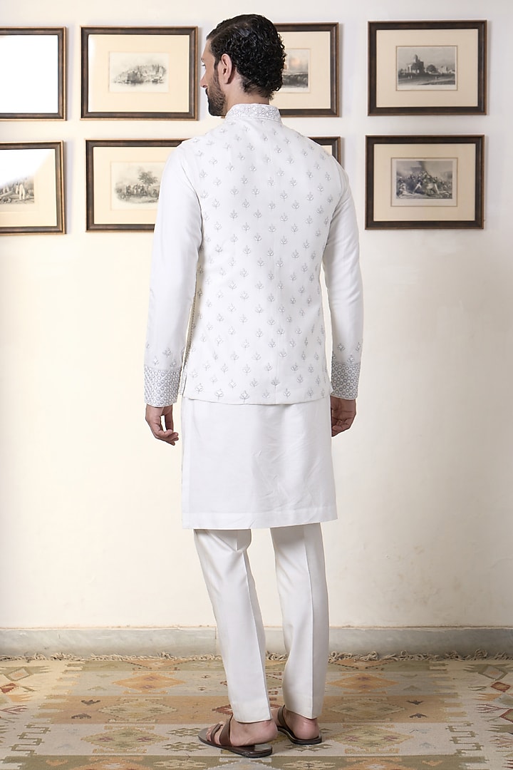 Pearl White Cotton Silk Embroidered Bundi Jacket Set by Gargee Designers at Pernia's Pop Up Shop