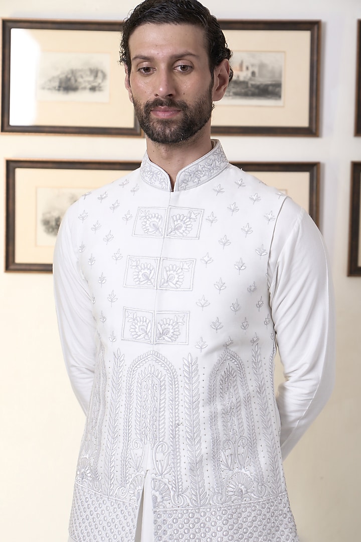 Pearl White Cotton Silk Embroidered Bundi Jacket Set by Gargee Designers at Pernia's Pop Up Shop