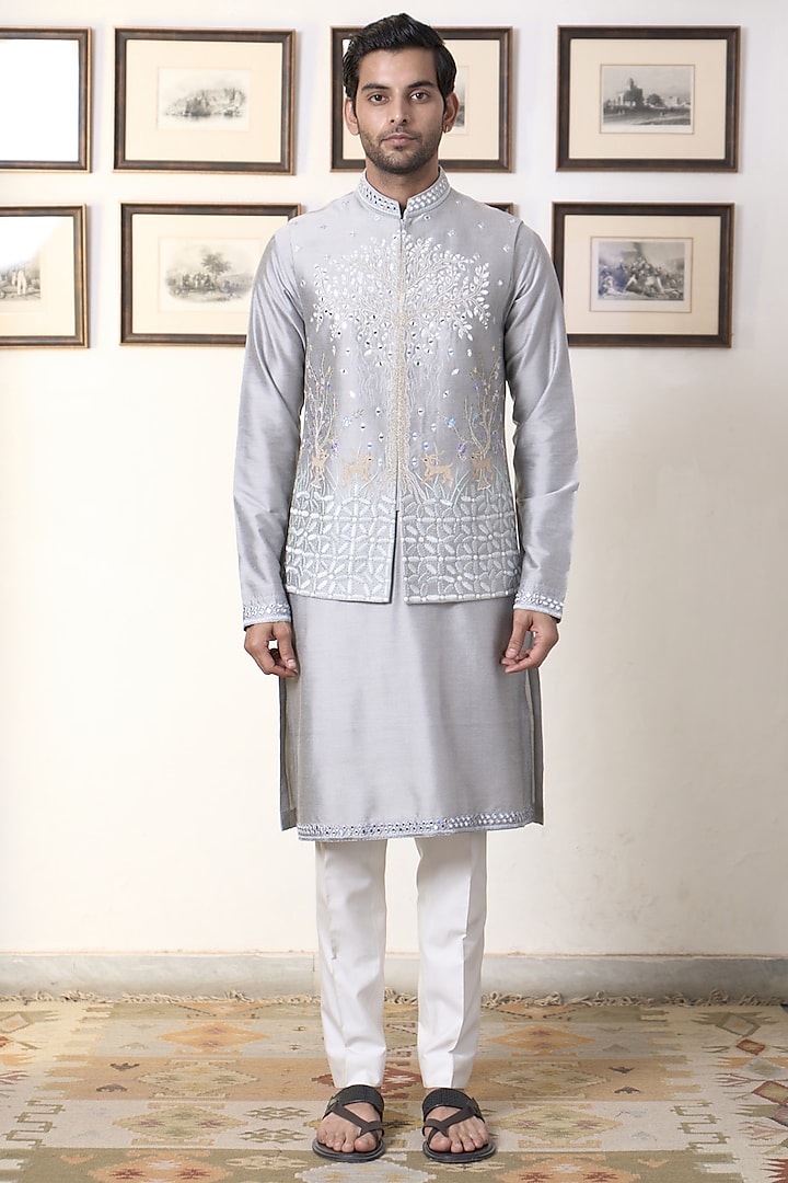 Blue Grey Cotton Silk Embroidered Bundi Jacket Set by Gargee Designers