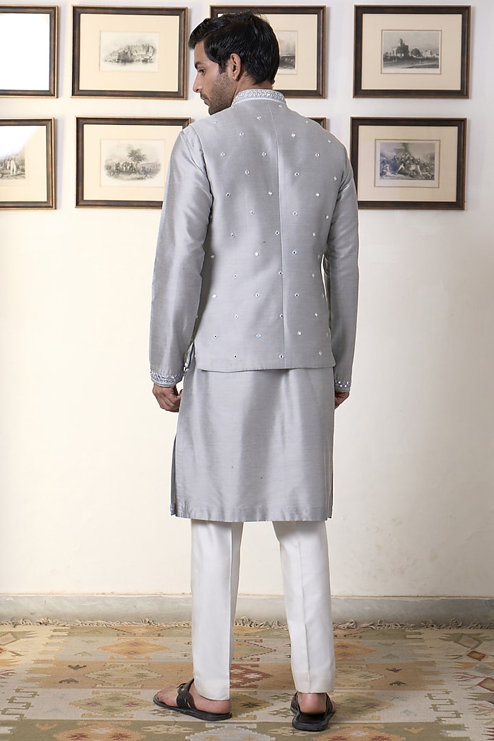 Blue Grey Cotton Silk Embroidered Bundi Jacket Set by Gargee Designers at Pernia's Pop Up Shop
