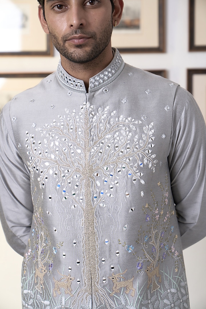 Blue Grey Cotton Silk Embroidered Bundi Jacket Set by Gargee Designers at Pernia's Pop Up Shop