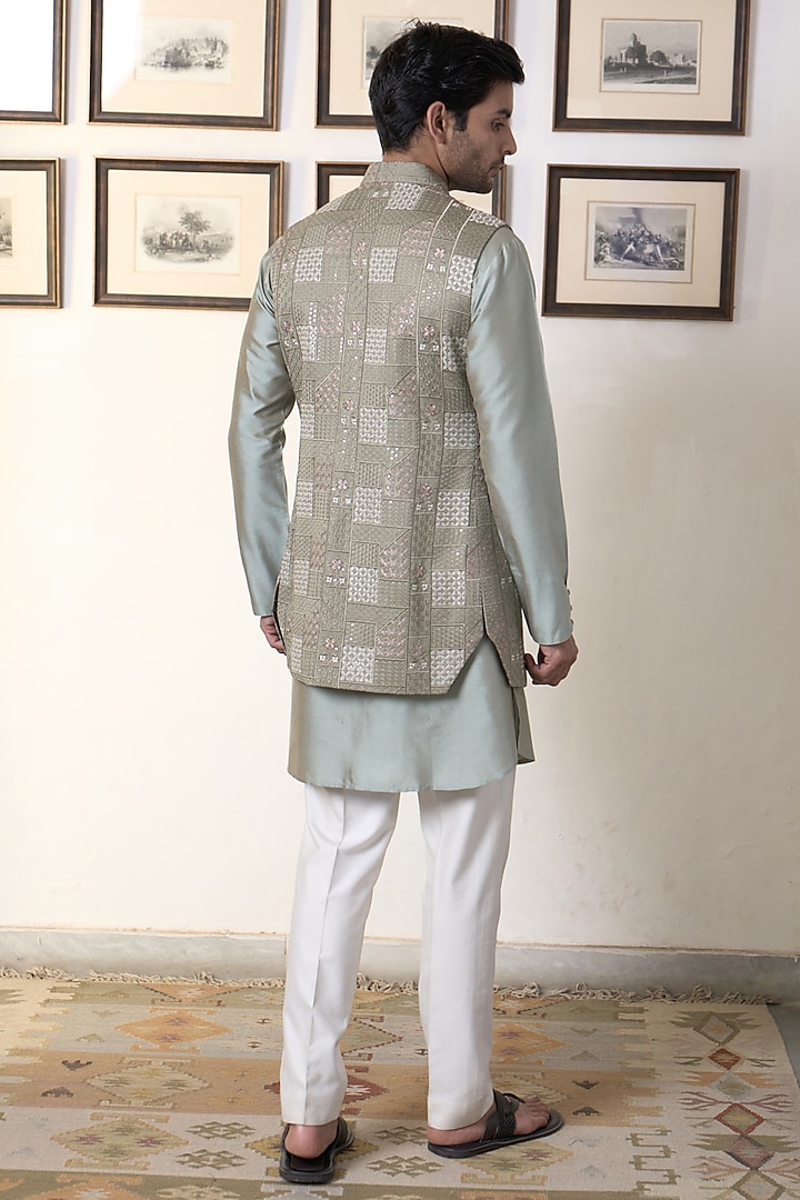 Green Poly Silk Embroidered Wedding Indowestern Set by Gargee Designers at Pernia's Pop Up Shop