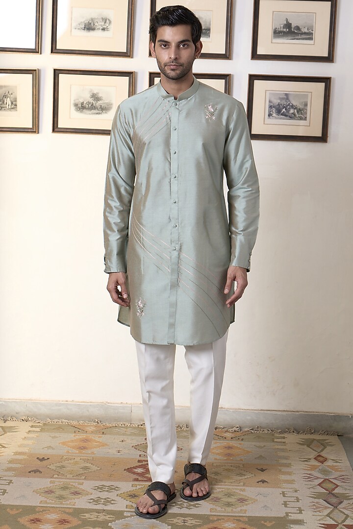 Green Poly Silk Embroidered Wedding Indowestern Set by Gargee Designers at Pernia's Pop Up Shop