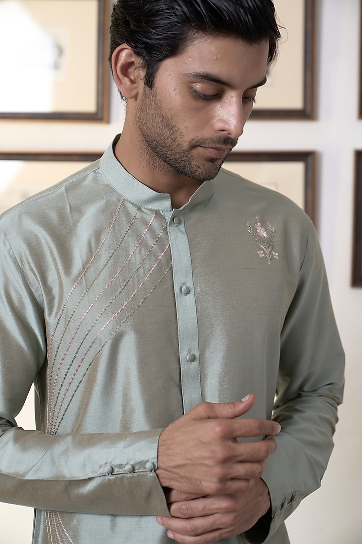 Green Poly Silk Embroidered Wedding Indowestern Set by Gargee Designers at Pernia's Pop Up Shop
