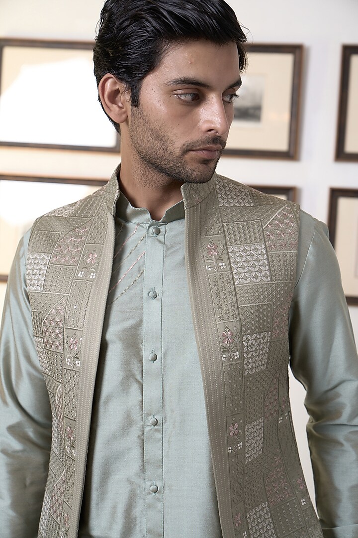 Green Poly Silk Embroidered Wedding Indowestern Set by Gargee Designers at Pernia's Pop Up Shop