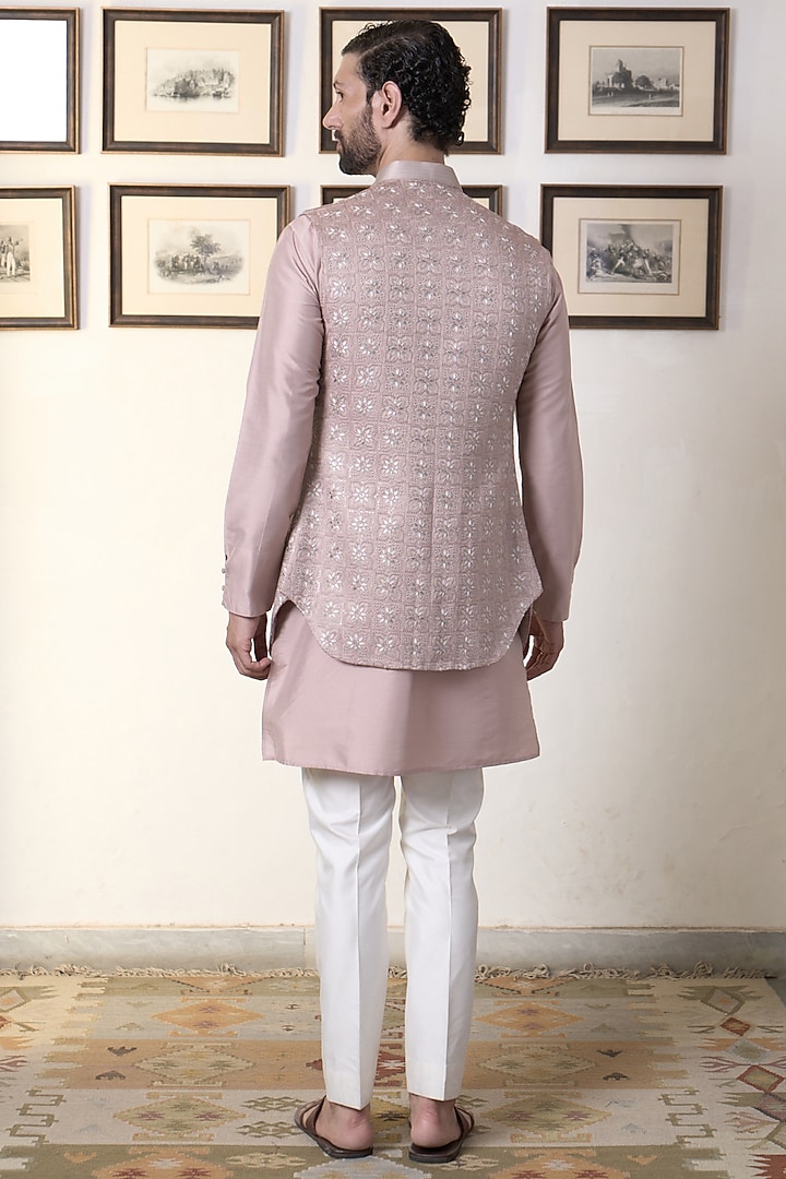 Oyster Pink Poly Silk Embroidered Wedding Indowestern Set by Gargee Designers at Pernia's Pop Up Shop