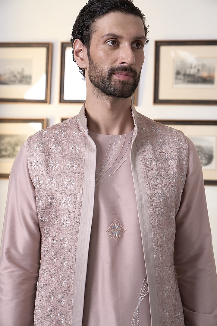 Oyster Pink Poly Silk Embroidered Wedding Indowestern Set by Gargee Designers at Pernia's Pop Up Shop