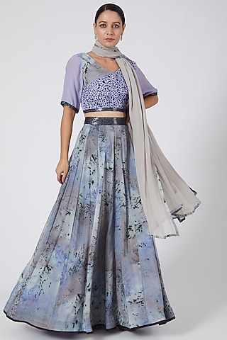 Purple & Grey Hand Embroidered Lehenga Set by Garima Bindal