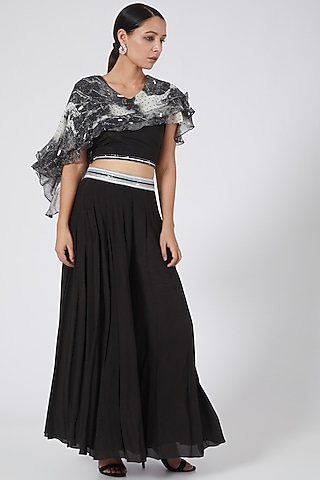 Black & Silver Silk Crepe Sharara Set by Garima Bindal